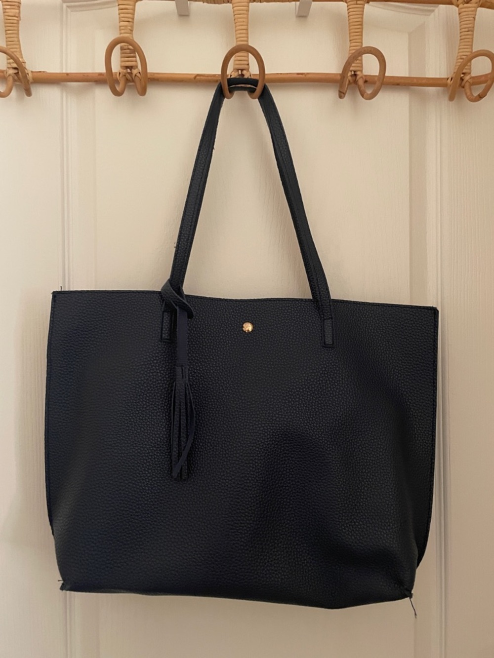 Navy Blue Leather-Textured Tote Bag with Tassel